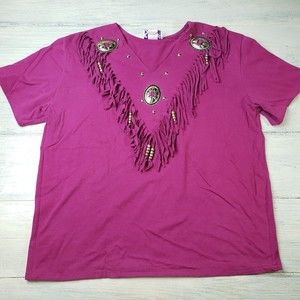 Sassa Womens Short Sleeve Shirt Western Fringed Beads USA Purple SZ Medium